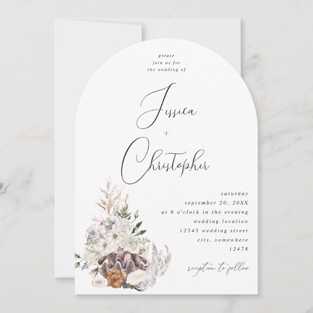 Invitation Coquillages et Mariage floral blanc 3 Arc (Devant)