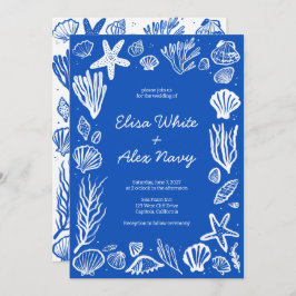 Invitation Coquillages Frame Beach Wedding Blue CUSTOM