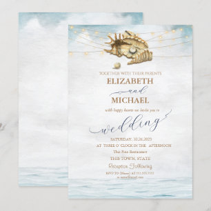 Invitation Coquillages,Mer,Lumières de chaîne de mariage de s