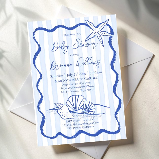 Invitation Coquillages ondulé bordure bleu rayures baby showe (Seashells wavy border blue stripes beach nautical baby shower invitation template)