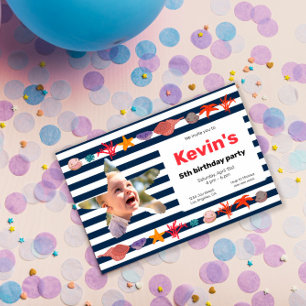 Invitation Coquillages, Starfish & Coral sur les rayures naut