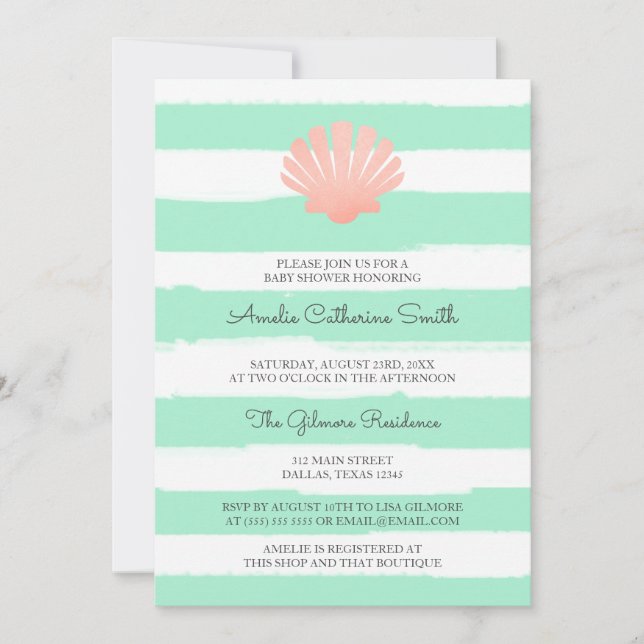 Invitation Coquille de la paille| Corail & Mint| Baby shower (Devant)