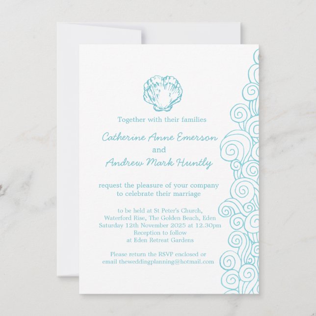 Invitation Coquille de palourde mer tourbillon bleu plage inv (Dos)