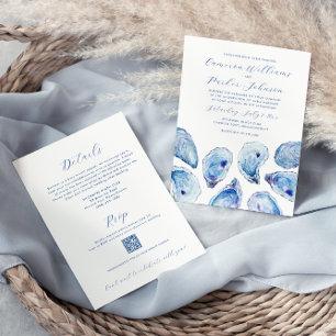 Invitation Coquille d'huître bleue Code QR RSVP Mariage tout-