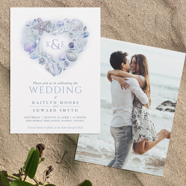 Invitation Coquilles de mer aquarelle coeur plage bleu (Créateur téléchargé)