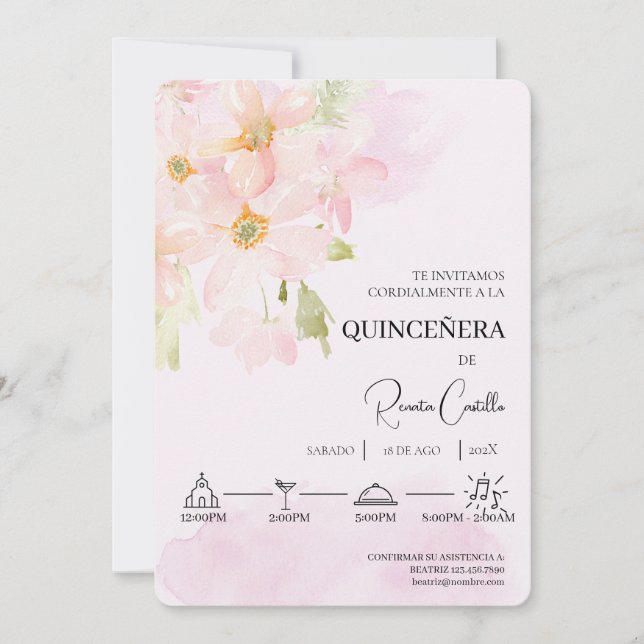Invitation Coquinceañera espagnole de lièvre rose (Devant)
