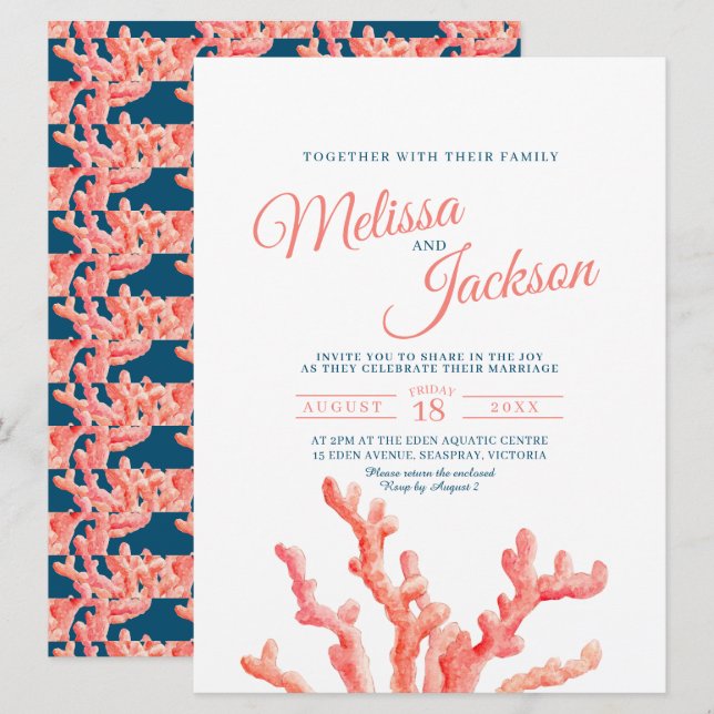 Invitation Corail aquarelle peinture marine bleu mariage (Devant / Derrière)