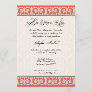 Invitation Corail & Argent, Diamants & Dentelle, Mis Quince A