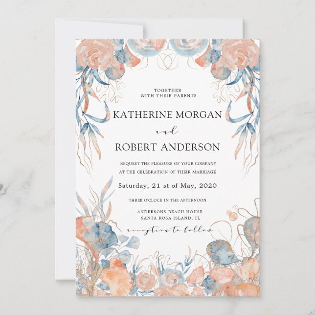 Invitation corail bleu velours floral romantique Mariage (Devant)