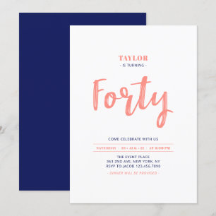 Invitation Corail & Blue Lettering Quarante-dixième fête d'an