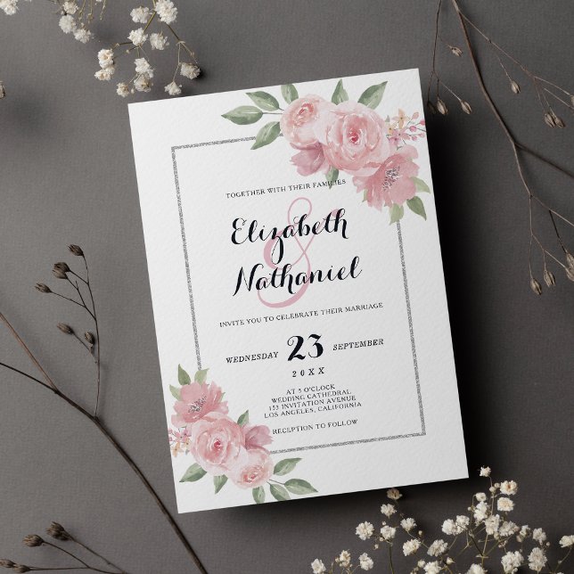 Invitation Corail botanique vert rose vert ampersan et mariag (Botanic coral pink green floral ampersand wedding)