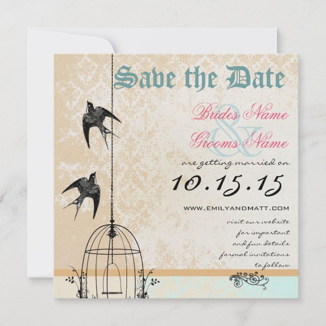 Invitation Corail Damassé Cage à Oiseaux Mariage Économisez l (Devant)