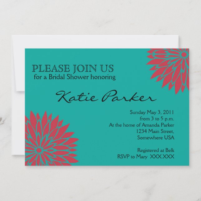 Invitation Corail de Dahlia et fleurs turquoises (Devant)