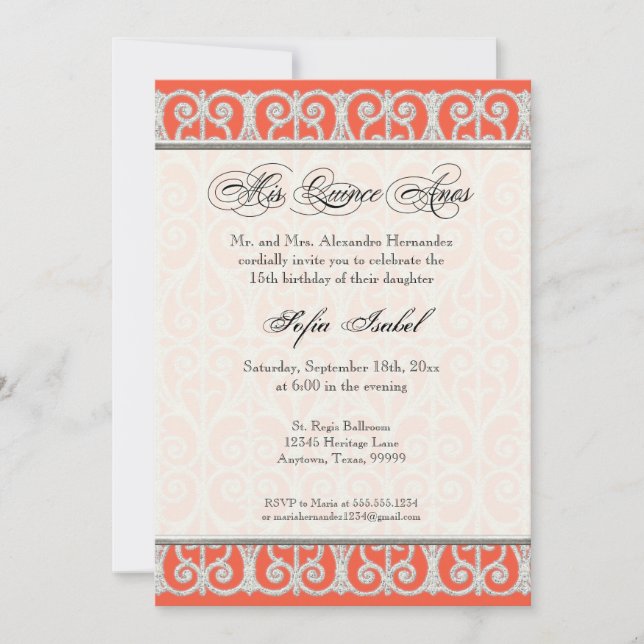 Invitation Corail et argent, diamants et dentelle, coing Anos (Devant)