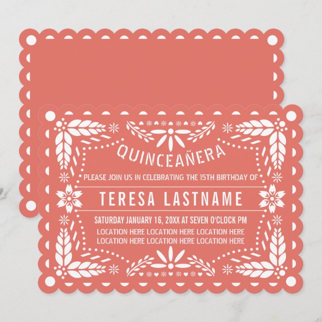 Invitation Corail et papillon blanc picado Quinceañera (Devant / Derrière)