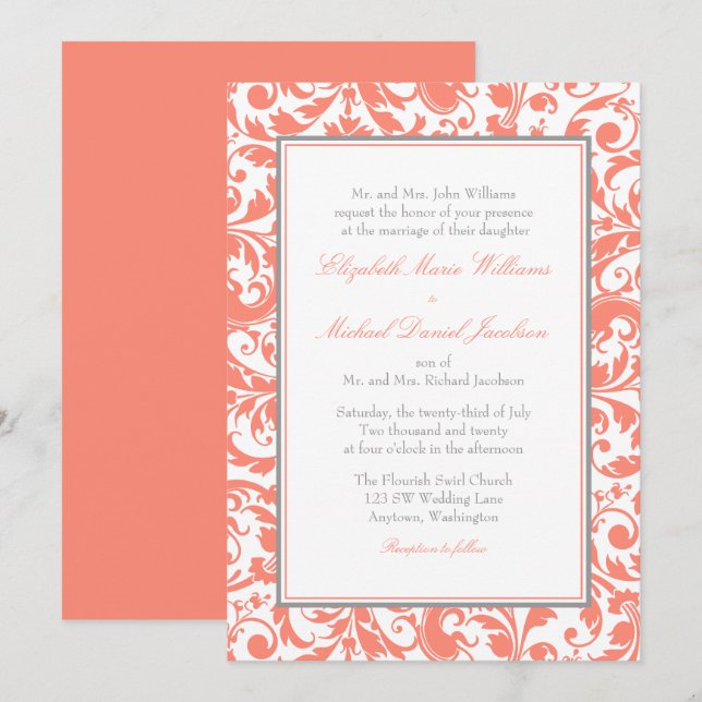 Invitation Corail et remous gris mariage damassé (Devant / Derrière)