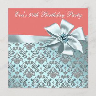 Invitation Corail et Turquoise bleu Damask 50e anniversaire