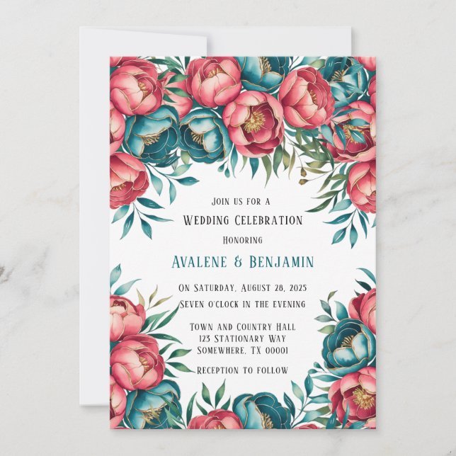 Invitation Corail et Turquoise Peonies Mariage or (Devant)