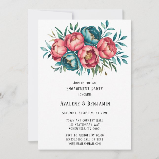 Invitation Corail et Turquoises Peonies Gold (Devant)