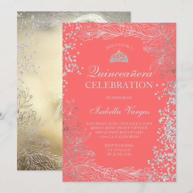 Invitation Corail floral en argent photo Tiara Quinceañera (Devant / Derrière)