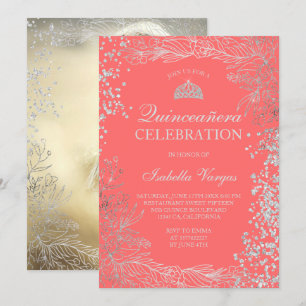 Invitation Corail floral en argent photo Tiara Quinceañera