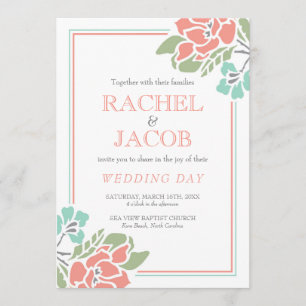 Invitation Corail floral moderne et Mariage Turquoise