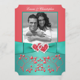 Invitation Corail, Flore verte Rejoint Coeurs PHOTO Invitatio