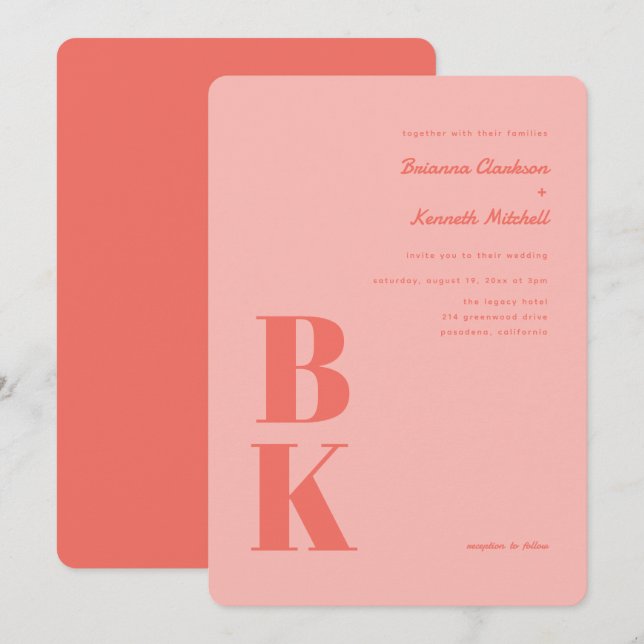 Invitation Corail moderne gras avec Mariage Monogramme rose (Devant / Derrière)