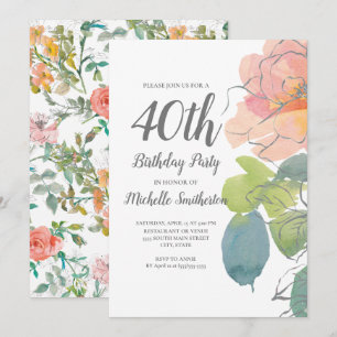 Invitation Corail rose bohème floral aquarelle 40e anniversai