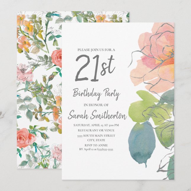 Invitation Corail rose Boho Aquarelle Florale 21e anniversair (Devant / Derrière)