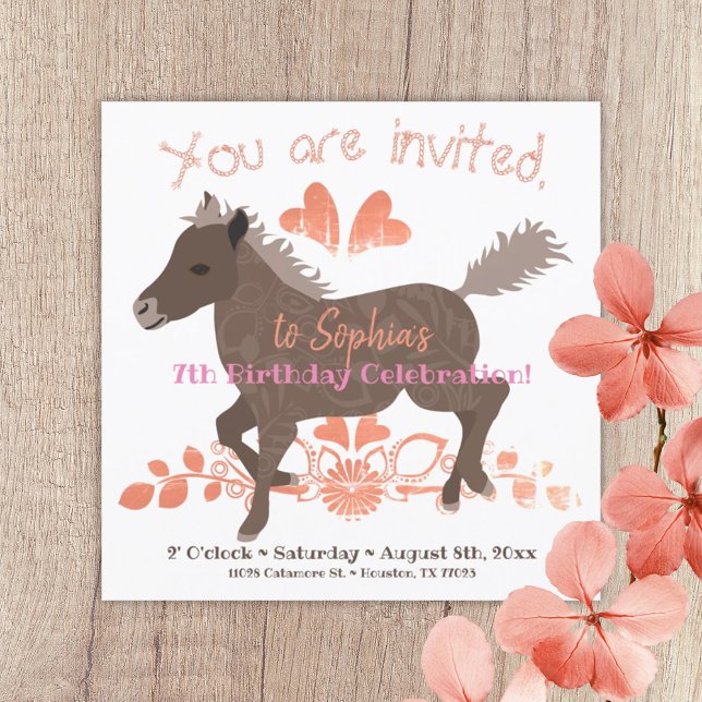 Invitation Corail, rose, Brown Pony Anniversaire Fête Invitat (brown peach galloping pony girls birthday party invitation ponies themed party invite pink hearts)