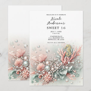 Invitation Corail rose et perles sous l'océan Douce 16ème ann