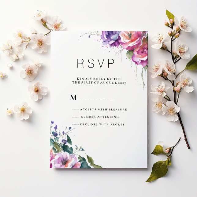 Invitation Corail rose rose violet vert floral RSVP (Botanical pink purple coral green floral RSVP)