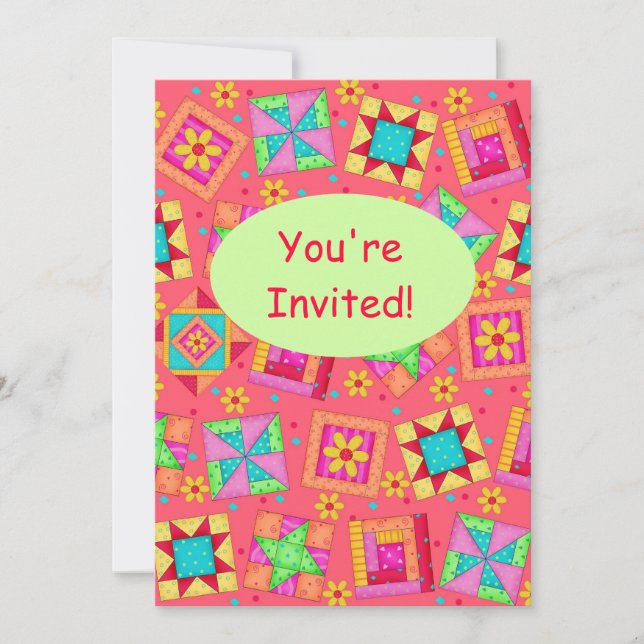 Invitation Corail rouge Green Patchwork Quilt Block Art (Devant)