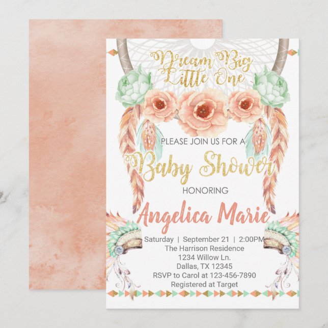 Invitation Corail Teal d'invitation de baby shower de (Devant / Derrière)