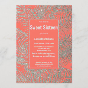 Invitation Corail tropical argent parties scintillant floral 