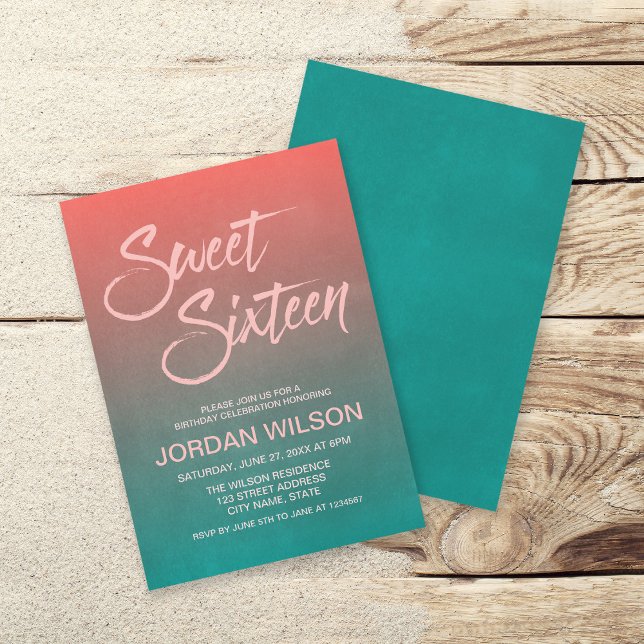 Invitation Corail & Turquoise Gradient Sweet 16 Anniversaire  (Créateur téléchargé)