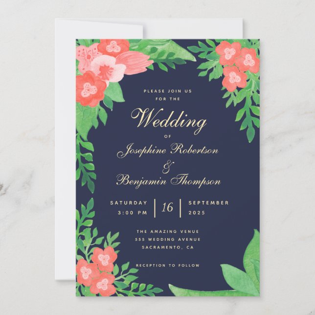 Invitation Corail, vert et marine Mariage floral (Devant)