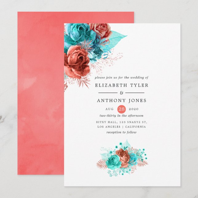 Invitation Corail vivant et Mariage floral turquoise (Devant / Derrière)