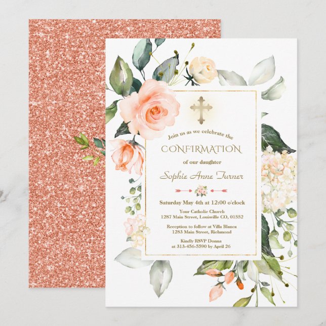 Invitation Corail vivant Parties scintillant du cadre floral  (Devant / Derrière)