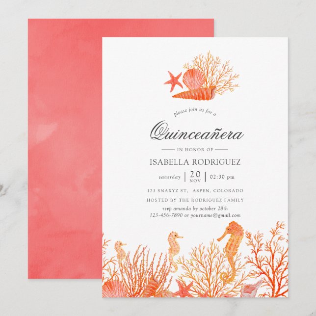 Invitation Corail vivant sous la mer Quinceañera (Devant / Derrière)