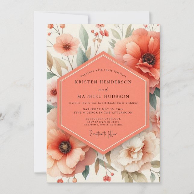 Invitation Coral Blossom Romance Wedding (Devant)