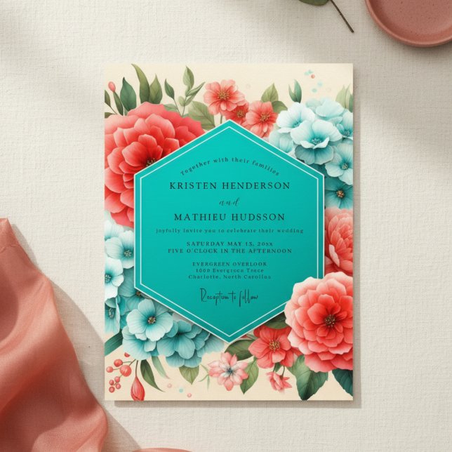 Invitation Coral Blue Floral Romance Wedding (Créateur téléchargé)