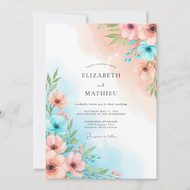 Invitation Coral Blue Floral Whimsy Wedding (Devant)
