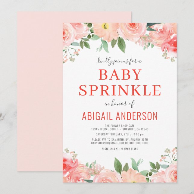 Invitation  Coral Floral Bébé Paruline Aquarelle  (Devant / Derrière)