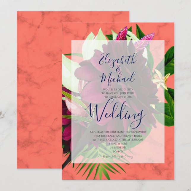 Invitation Coral Floral Bourgogne Élégant Mariage moderne (Devant / Derrière)