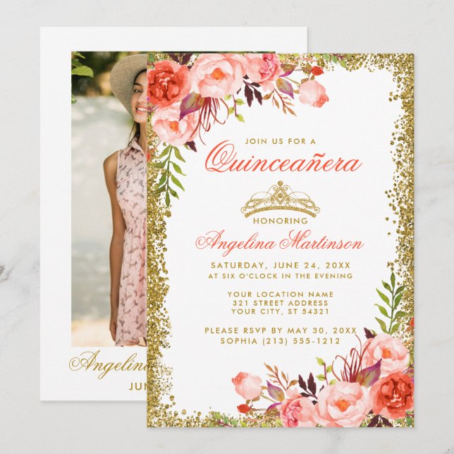 Invitation Coral Floral Quinceanera Gold Parties scintillant  (Devant / Derrière)