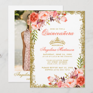 Invitation Coral Floral Quinceanera Gold Parties scintillant 