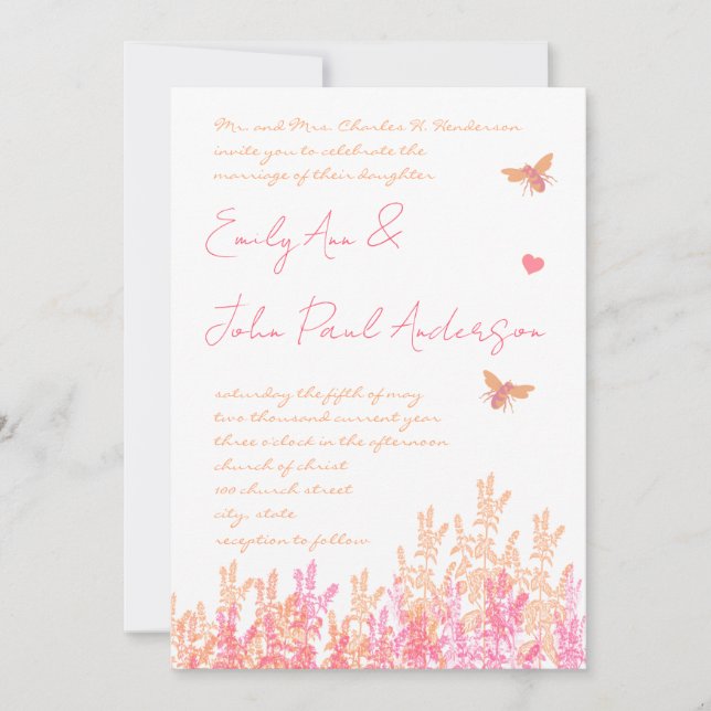 Invitation Coral & Fuchsia Flower Bumble Bee Wedding Invite (Devant)