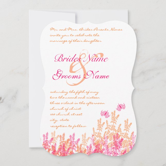 Invitation Coral & Fuchsia Flower Butterfly Wedding Invite (Devant)